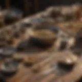 A variety of gold panning tools displayed on a wooden surface