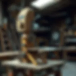 A vintage rock saw displayed in a rustic workshop setting