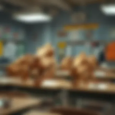 Educational setup featuring velociraptor skull replicas in a classroom