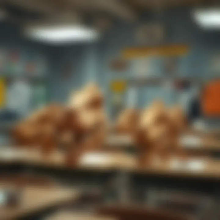 Educational setup featuring velociraptor skull replicas in a classroom