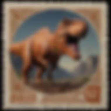 Close-up of a vintage dinosaur stamp featuring a T-Rex