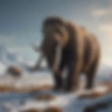 An artistic representation of the Woolly Mammoth roaming the prehistoric tundra