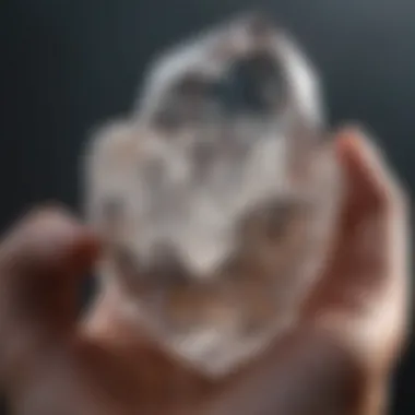 A close-up view of a quartz crystal being held in a person's palm