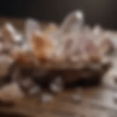 A stunning display of various quartz crystals on a rustic wooden table