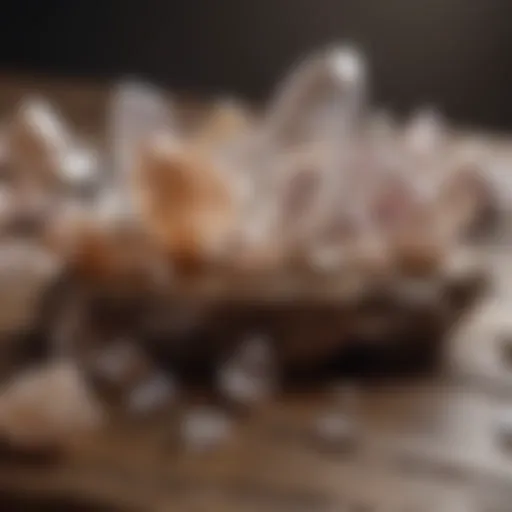 A stunning display of various quartz crystals on a rustic wooden table