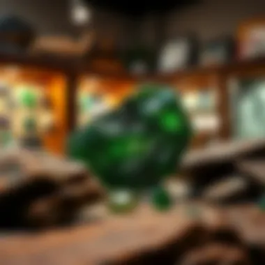 A close-up view of authentic Moldavite pieces in a gem shop setting