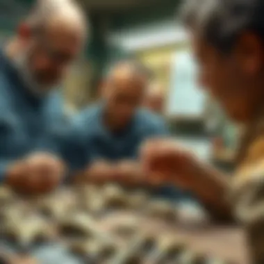Collectors examining megalodon teeth for authenticity