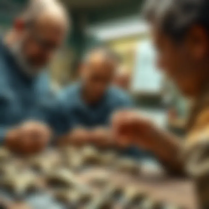 Collectors examining megalodon teeth for authenticity