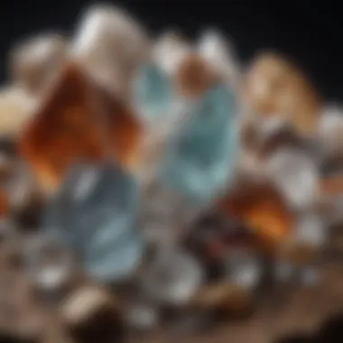 A collection of various crystals displayed on a natural background